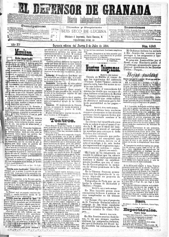 'El Defensor de Granada  : diario político independiente' - Año XV Número 6849 2ª ed. - 1894 Julio 05