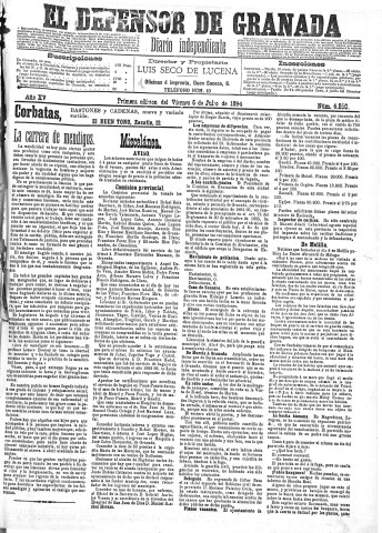 'El Defensor de Granada  : diario político independiente' - Año XV Número 6850 1ª ed. - 1894 Julio 06