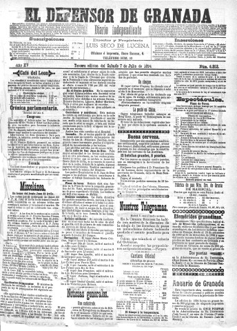 'El Defensor de Granada  : diario político independiente' - Año XV Número 6853 3ª ed. - 1894 Julio 07