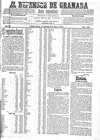 'El Defensor de Granada  : diario político independiente' - Año XV Número 6854 1ª ed. - 1894 Julio 08