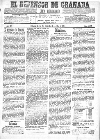 'El Defensor de Granada  : diario político independiente' - Año XV Número 6858 1ª ed. - 1894 Julio 11