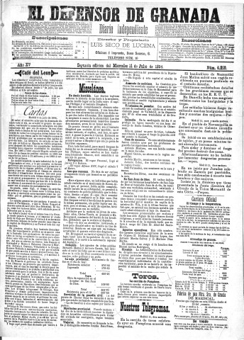 'El Defensor de Granada  : diario político independiente' - Año XV Número 6859 2ª ed. - 1894 Julio 11