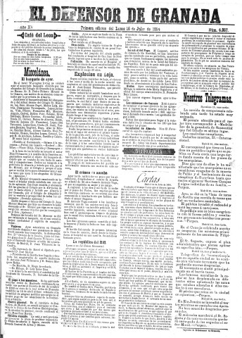 'El Defensor de Granada  : diario político independiente' - Año XV Número 6867 1ª ed. - 1894 Julio 16