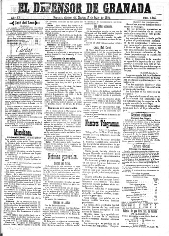 'El Defensor de Granada  : diario político independiente' - Año XV Número 6869 2ª ed. - 1894 Julio 17