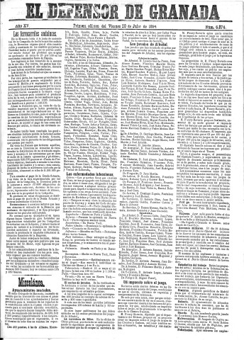 'El Defensor de Granada  : diario político independiente' - Año XV Número 6874 1ª ed. - 1894 Julio 20