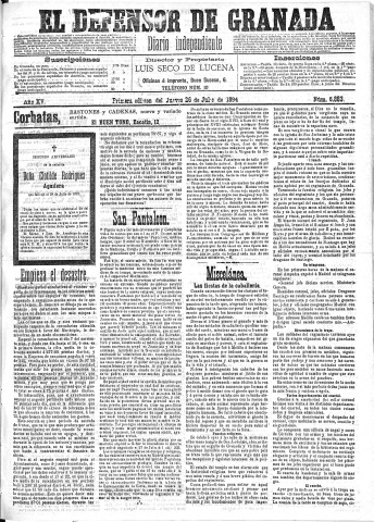 'El Defensor de Granada  : diario político independiente' - Año XV Número 6883 1ª ed. - 1894 Julio 26