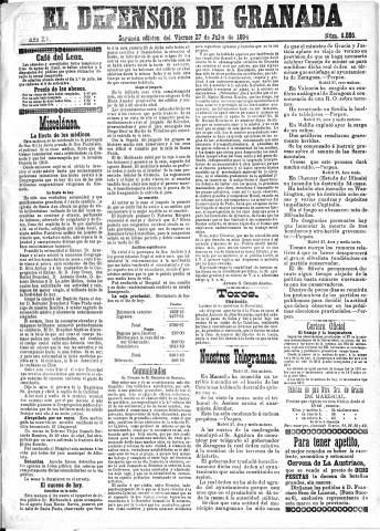 'El Defensor de Granada  : diario político independiente' - Año XV Número 6885 2ª ed. - 1894 Julio 27