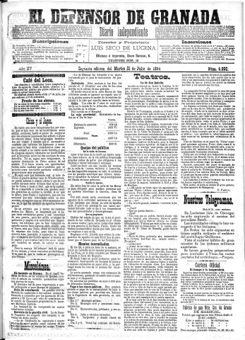 'El Defensor de Granada  : diario político independiente' - Año XV Número 6892 2ª ed. - 1894 Julio 31