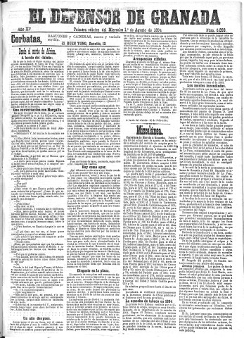'El Defensor de Granada  : diario político independiente' - Año XV Número 6893 1ª ed. - 1894 Agosto 01