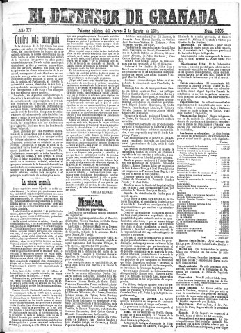 'El Defensor de Granada  : diario político independiente' - Año XV Número 6895 1ª ed. - 1894 Agosto 02