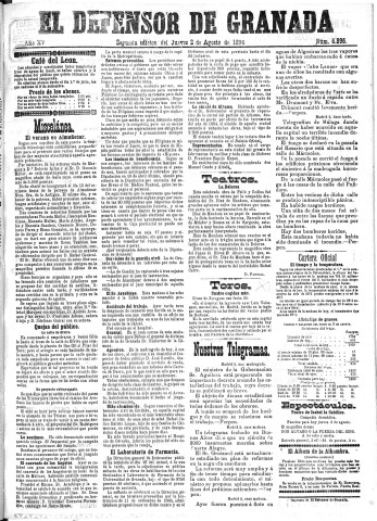 'El Defensor de Granada  : diario político independiente' - Año XV Número 6896 2ª ed. - 1894 Agosto 02