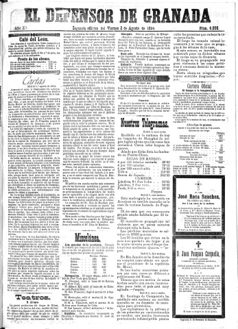 'El Defensor de Granada  : diario político independiente' - Año XV Número 6898 2ª ed. - 1894 Agosto 03