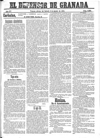'El Defensor de Granada  : diario político independiente' - Año XV Número 6899 1ª ed. - 1894 Agosto 04
