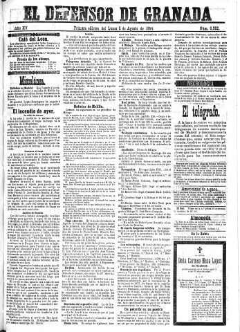 'El Defensor de Granada  : diario político independiente' - Año XV Número 6902 1ª ed. - 1894 Agosto 06