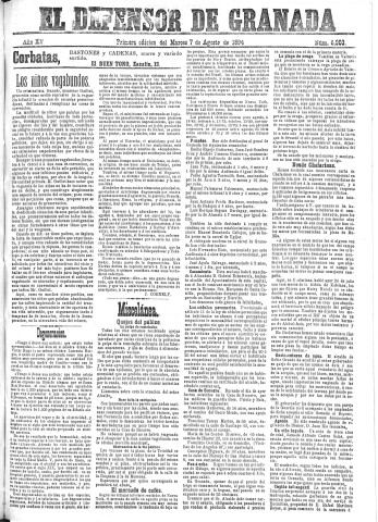 'El Defensor de Granada  : diario político independiente' - Año XV Número 6903 1ª ed. - 1894 Agosto 07