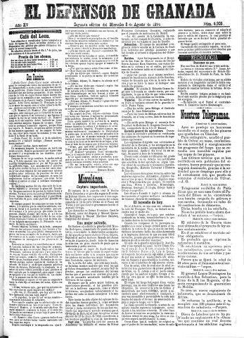 'El Defensor de Granada  : diario político independiente' - Año XV Número 6906 2ª ed. - 1894 Agosto 08