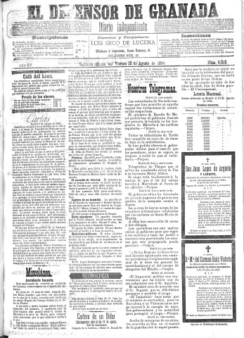 'El Defensor de Granada  : diario político independiente' - Año XV Número 6910 2ª ed. - 1894 Agosto 10