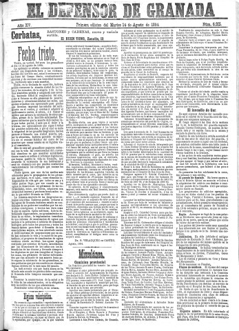 'El Defensor de Granada  : diario político independiente' - Año XV Número 6915 1ª ed. - 1894 Agosto 14