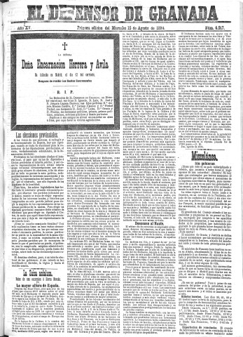 'El Defensor de Granada  : diario político independiente' - Año XV Número 6917 1ª ed. - 1894 Agosto 15
