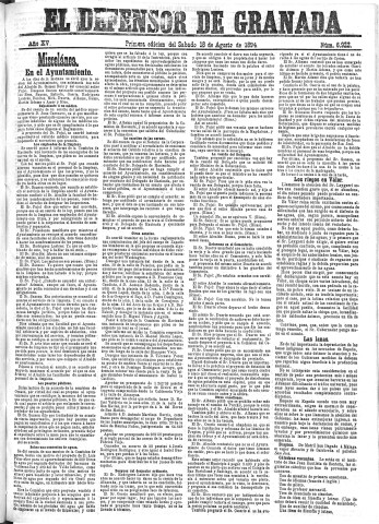 'El Defensor de Granada  : diario político independiente' - Año XV Número 6922 1ª ed. - 1894 Agosto 18