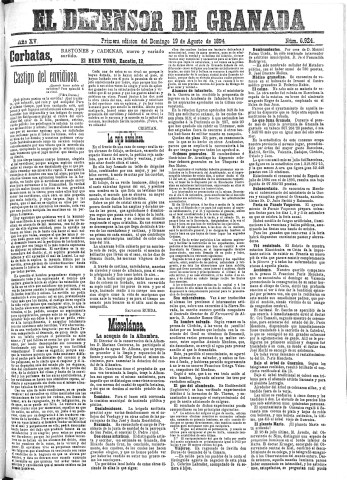 'El Defensor de Granada  : diario político independiente' - Año XV Número 6924 1ª ed. - 1894 Agosto 19