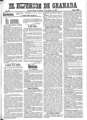 'El Defensor de Granada  : diario político independiente' - Año XV Número 6926 1ª ed. - 1894 Agosto 21