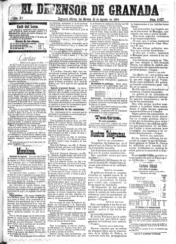 'El Defensor de Granada  : diario político independiente' - Año XV Número 6927 2ª ed. - 1894 Agosto 21