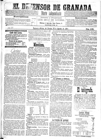 'El Defensor de Granada  : diario político independiente' - Año XV Número 6931 2ª ed. - 1894 Agosto 23