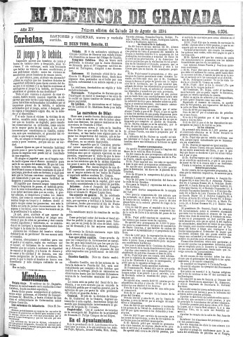 'El Defensor de Granada  : diario político independiente' - Año XV Número 6934 1ª ed. - 1894 Agosto 25