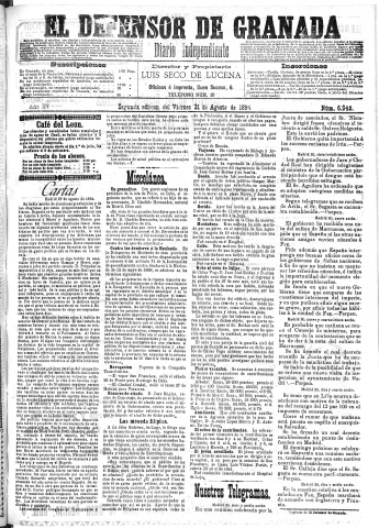 'El Defensor de Granada  : diario político independiente' - Año XV Número 6945 2ª ed. - 1894 Agosto 31