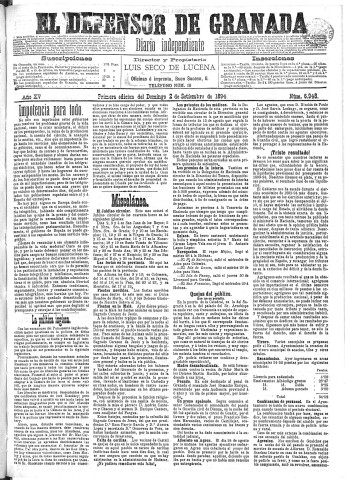 'El Defensor de Granada  : diario político independiente' - Año XV Número 6948 1ª ed. - 1894 Septiembre 02
