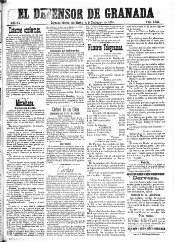 'El Defensor de Granada  : diario político independiente' - Año XV Número 6951 2ª ed. - 1894 Septiembre 04