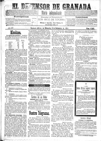 'El Defensor de Granada  : diario político independiente' - Año XV Número 6953 2ª ed. - 1894 Septiembre 05