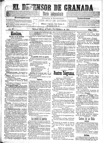 'El Defensor de Granada  : diario político independiente' - Año XV Número 6955 2ª ed. - 1894 Septiembre 06