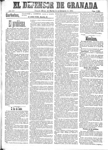 'El Defensor de Granada  : diario político independiente' - Año XV Número 6961 1ª ed. - 1894 Septiembre 11