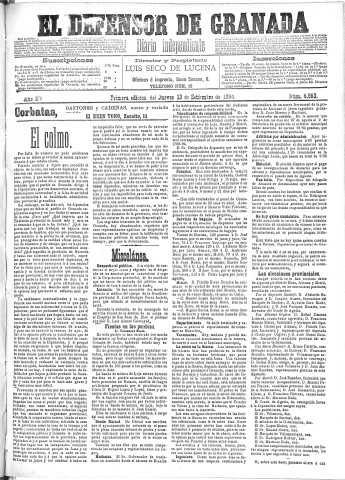 'El Defensor de Granada  : diario político independiente' - Año XV Número 6963 1ª ed. - 1894 Septiembre 13