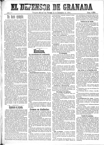 'El Defensor de Granada  : diario político independiente' - Año XV Número 6965 1ª ed. - 1894 Septiembre 14