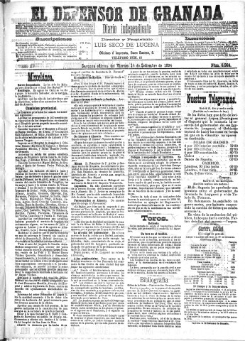 'El Defensor de Granada  : diario político independiente' - Año XV Número 6966 2ª ed. - 1894 Septiembre 14