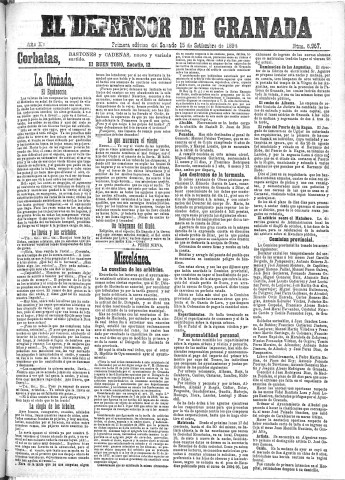 'El Defensor de Granada  : diario político independiente' - Año XV Número 6967 1ª ed. - 1894 Septiembre 15