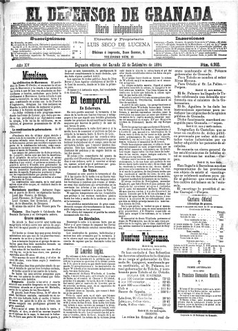 'El Defensor de Granada  : diario político independiente' - Año XV Número 6968 2ª ed. - 1894 Septiembre 15