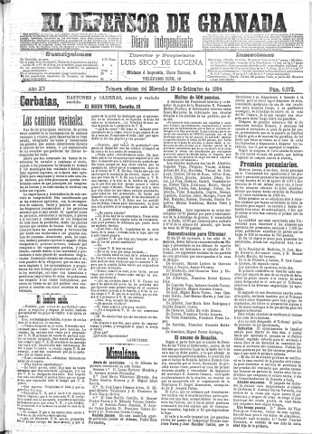'El Defensor de Granada  : diario político independiente' - Año XV Número 6973 1ª ed. - 1894 Septiembre 19