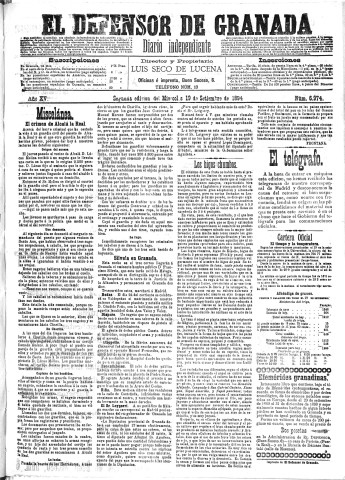 'El Defensor de Granada  : diario político independiente' - Año XV Número 6974 2ª ed. - 1894 Septiembre 19