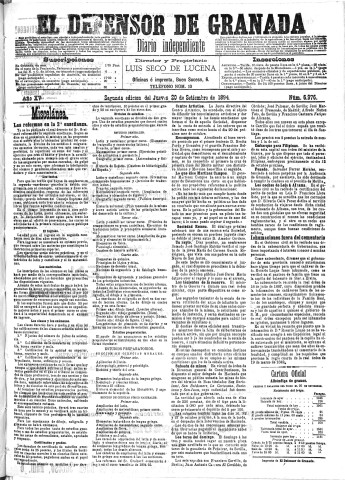 'El Defensor de Granada  : diario político independiente' - Año XV Número 6976 2ª ed. - 1894 Septiembre 20