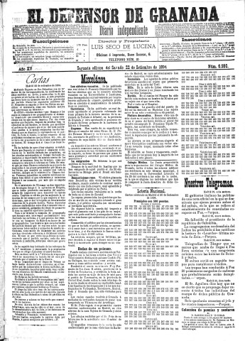 'El Defensor de Granada  : diario político independiente' - Año XV Número 6980 2ª ed. - 1894 Septiembre 22