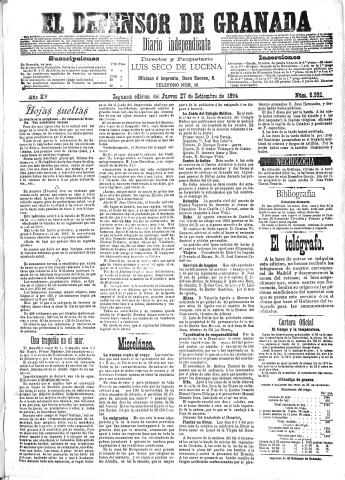'El Defensor de Granada  : diario político independiente' - Año XV Número 6992 2ª ed. - 1894 Septiembre 27