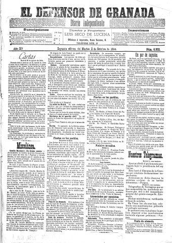 'El Defensor de Granada  : diario político independiente' - Año XV Número 6996 2ª ed. - 1894 Octubre 02