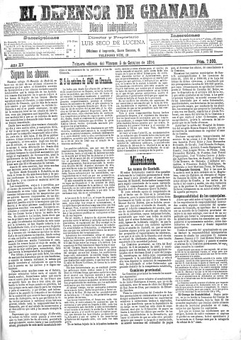 'El Defensor de Granada  : diario político independiente' - Año XV Número 7000 1ª ed. - 1894 Octubre 05
