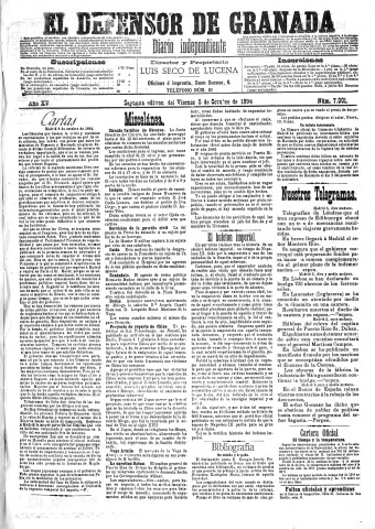 'El Defensor de Granada  : diario político independiente' - Año XV Número 7001 2ª ed. - 1894 Octubre 05