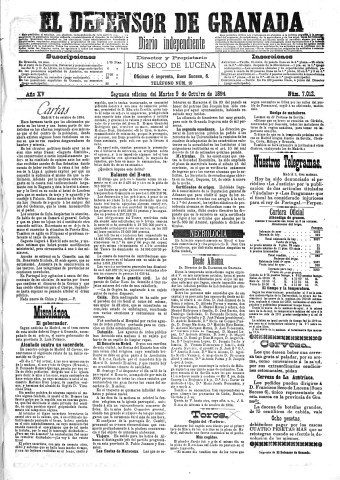 'El Defensor de Granada  : diario político independiente' - Año XV Número 7012 2ª ed. - 1894 Octubre 09