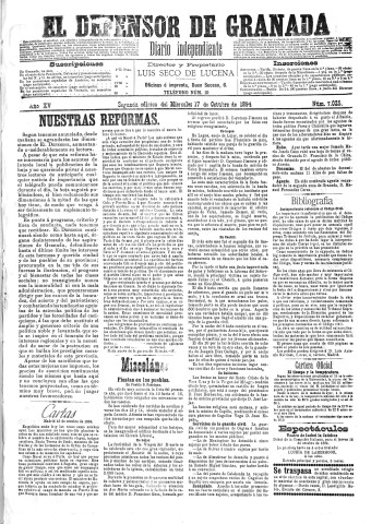 'El Defensor de Granada  : diario político independiente' - Año XV Número 7025 2ª ed. - 1894 Octubre 17
